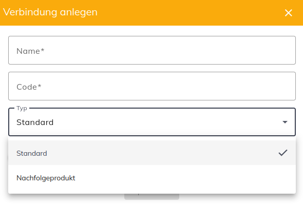 Produktverbindung anlegen Dialog mit ausgeklappten Typ Feld